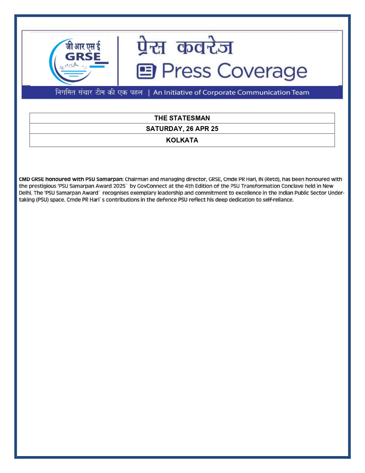 Press Coverage : CMDE GRSE HONOURED WITH PSU SAMARPAN  